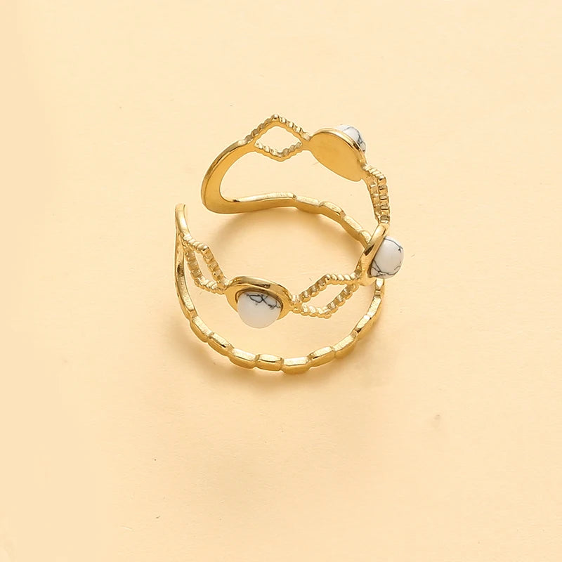 Hollow Out Natural Stone Ring - Stainless Steel Wide Band