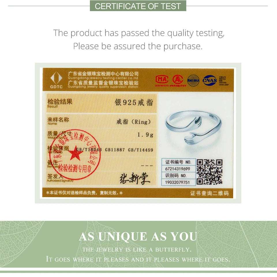 BAMOER 925 Silver Hug Ring - Adjustable Love Design