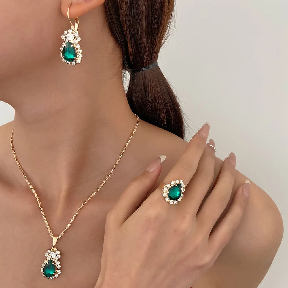 Blue Crystal Jewelry Set - Ring Necklace Earrings Wedding