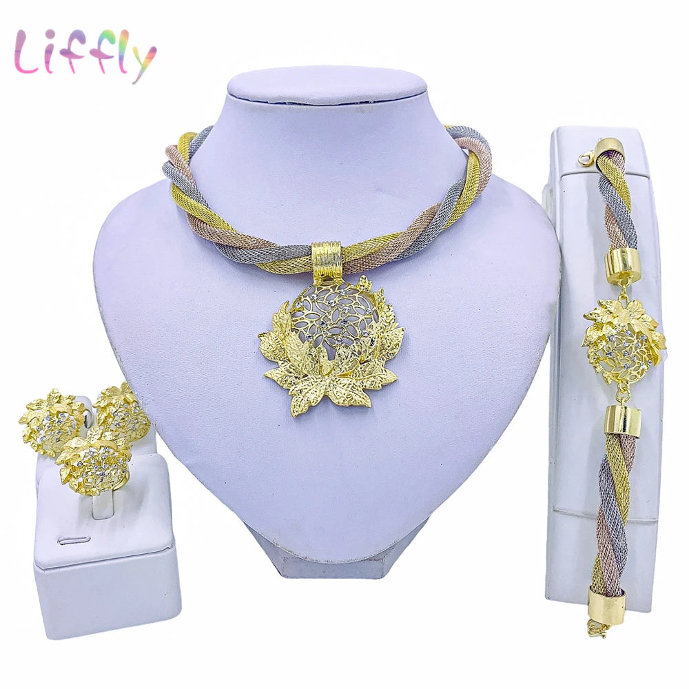 African Dubai Gold Jewelry Set - 4PC Wedding Bridal Flower