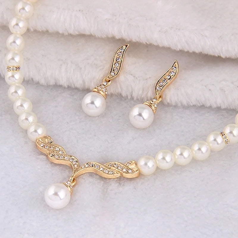 Gold Pearl Bridal Jewelry Set - Necklace & Earrings