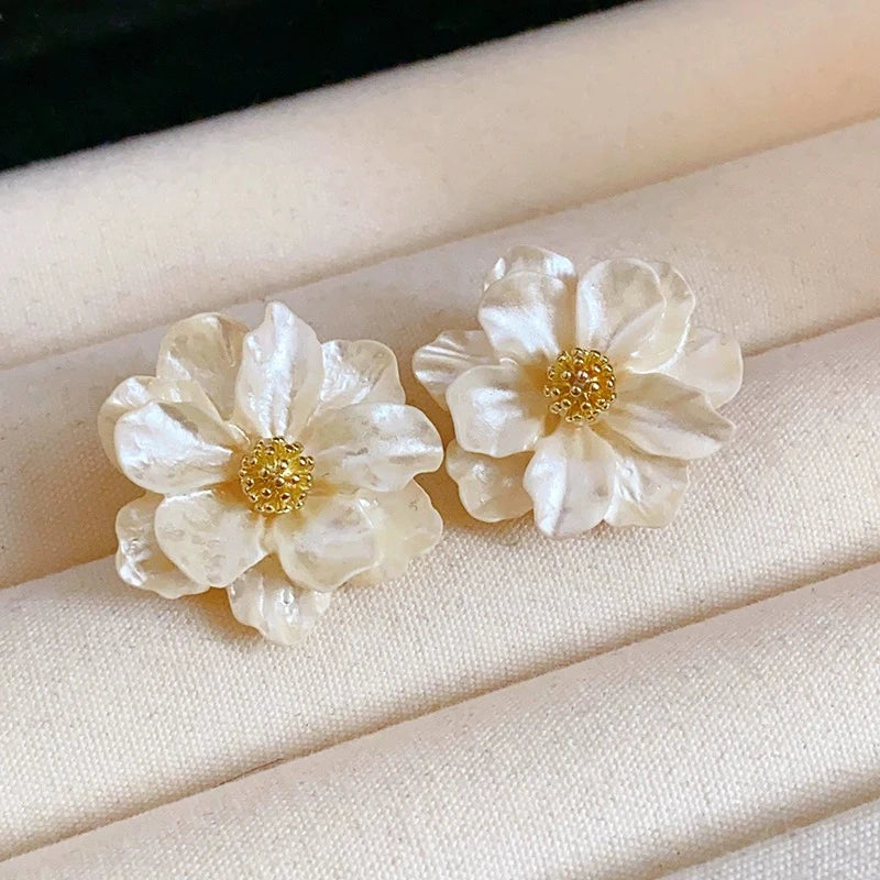 White Flower Stud Earrings - Double Layer Camellia Petals