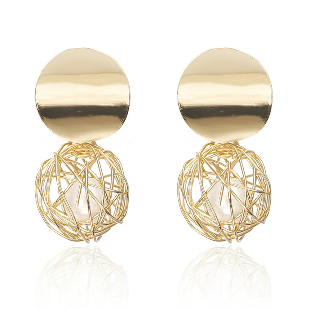 Trendy Twist Wire Ball Dangle Earrings - Golden Geometric
