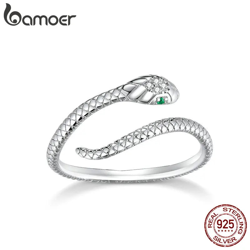 BAMOER 925 Silver Snake Ring - Green Zircon Adjustable