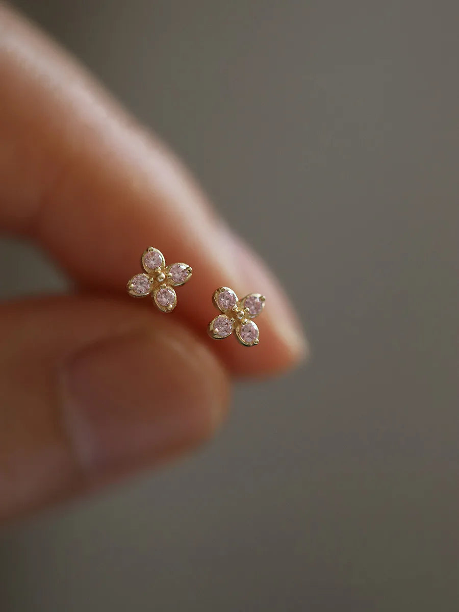925 Silver Needle Shiny Zircon Stud Earrings - Gold Plating