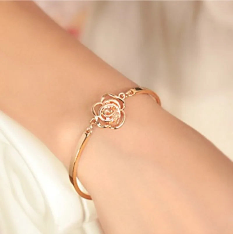 Rose Flower Bracelet - Gold Color Classic Bangle