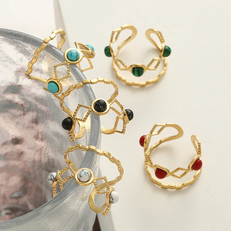 Hollow Out Natural Stone Ring - Stainless Steel Wide Band