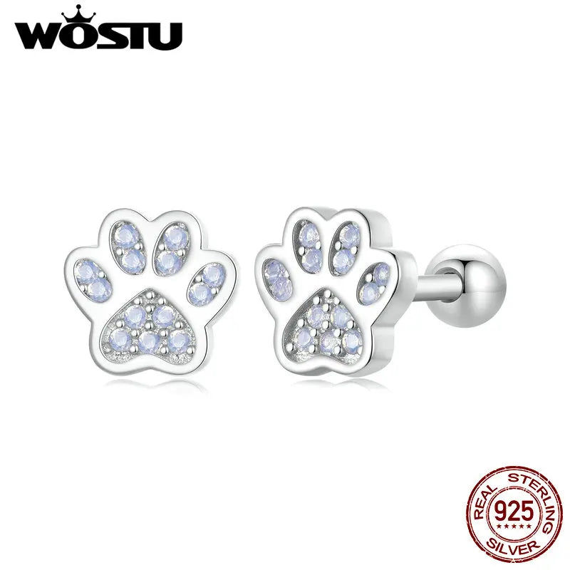 WOSTU 925 Silver Pink Opal Paw Stud Earrings - Pet Lover Gift