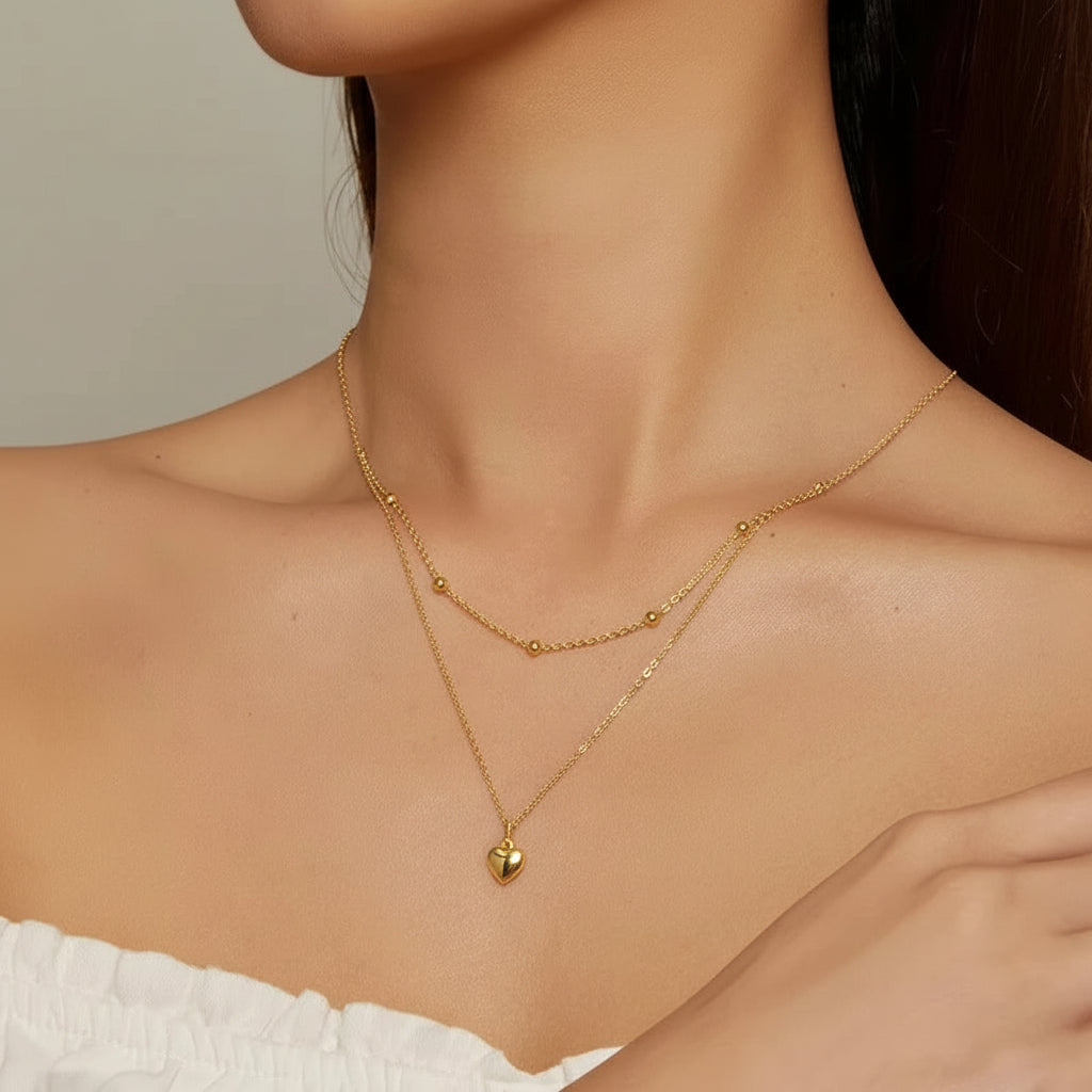 BAMOER 925 Silver Heart Necklace - Gold Double Layer Choker