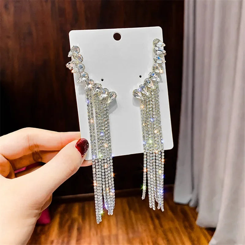 FYUAN Long Tassel Rhinestone Drop Earrings - Shiny Water Drop