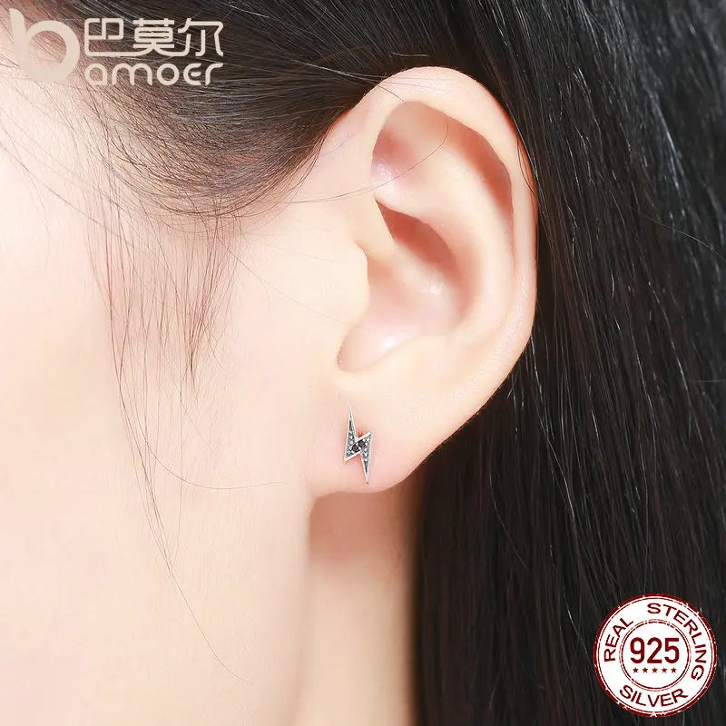 BAMOER 925 Silver Lightning & Black CZ Stud Earrings - Exquisite