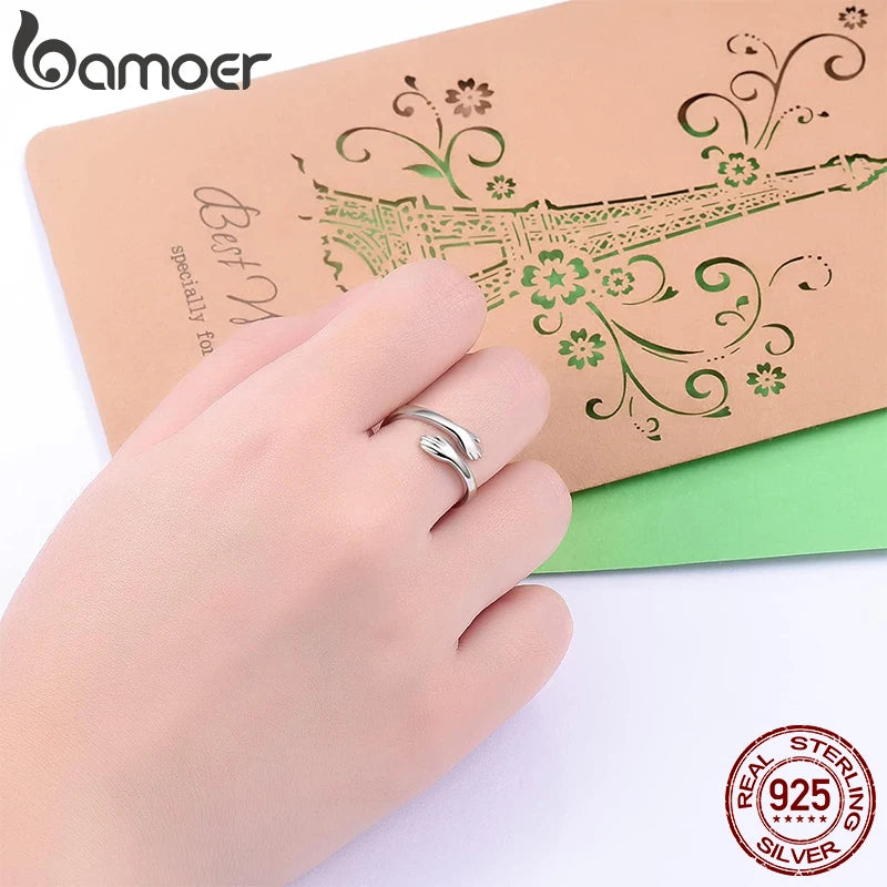 BAMOER 925 Silver Hug Ring - Adjustable Love Design