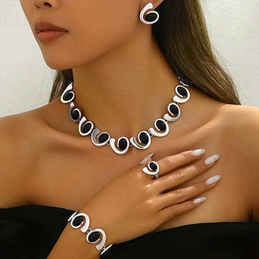 4PC Silver Jewelry Set - Geometric Oval Black Acrylic Simple