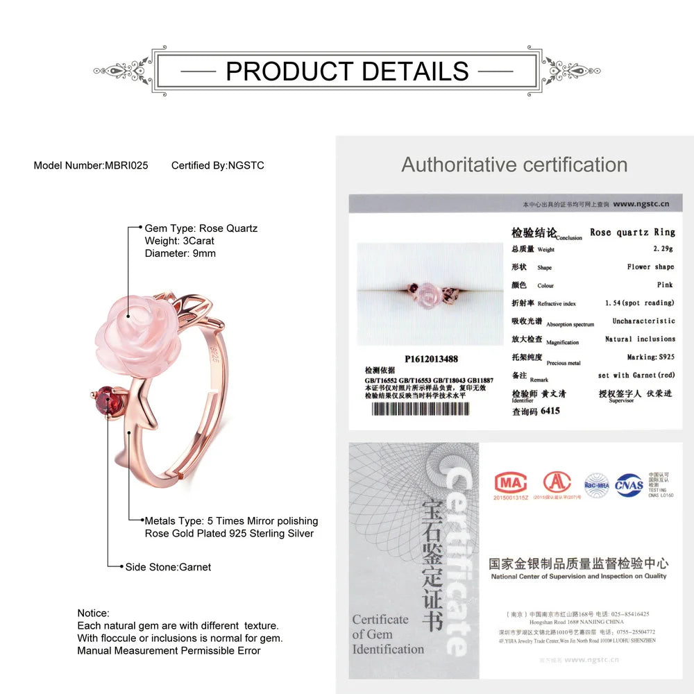 MoBuy Rose Quartz Flower Ring - 925 Silver Gold Plated