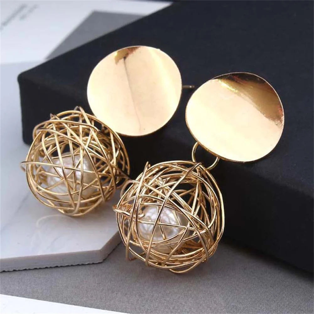 Trendy Twist Wire Ball Dangle Earrings - Golden Geometric