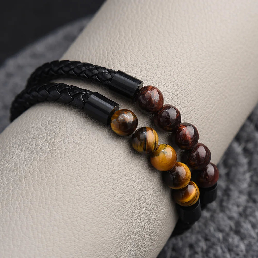 Leather Lava Chakra Bracelet - Black Tiger Eye Magnetic