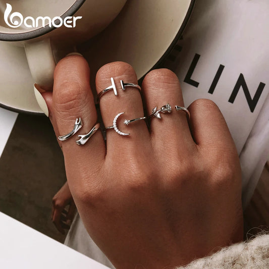 BAMOER 925 Silver Minimalist Ring - Simple Adjustable Band