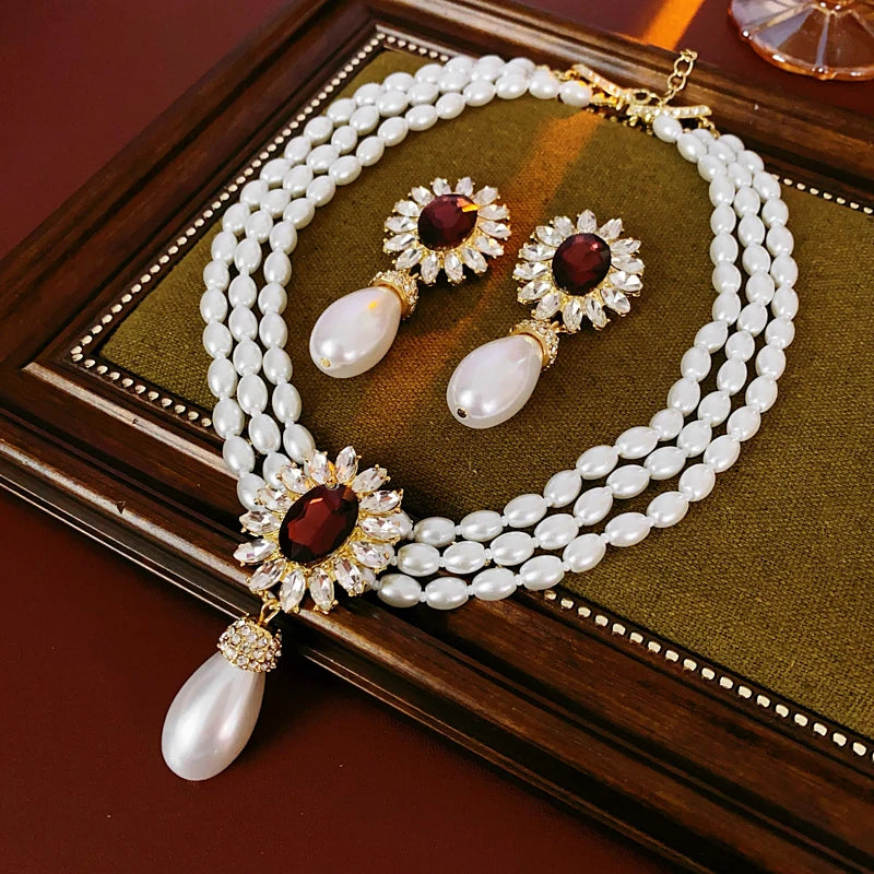 French Style Pearl & Rhinestone Jewelry Set - Flower Design