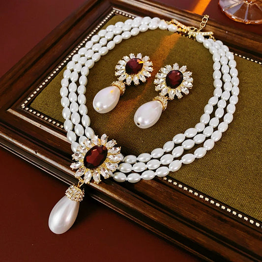 French Style Pearl & Rhinestone Jewelry Set - Flower Design