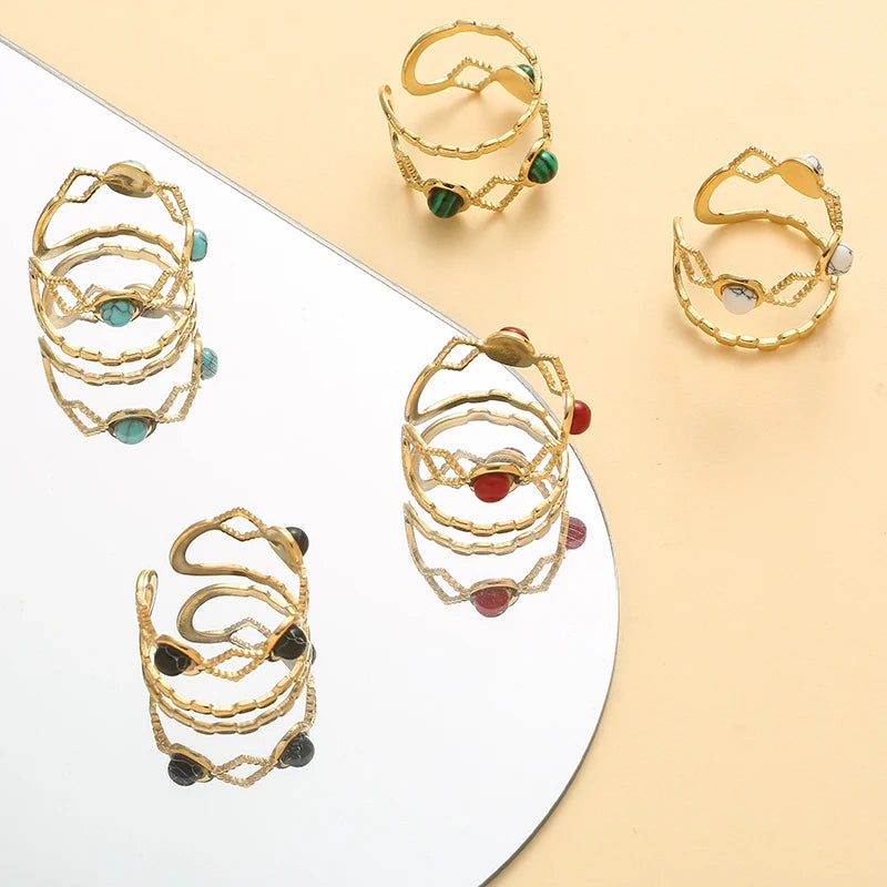 Hollow Out Natural Stone Ring - Stainless Steel Wide Band