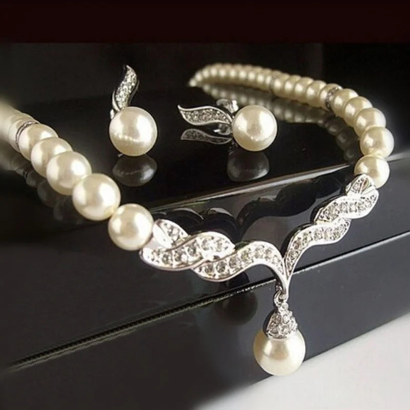 Gold Pearl Bridal Jewelry Set - Necklace & Earrings