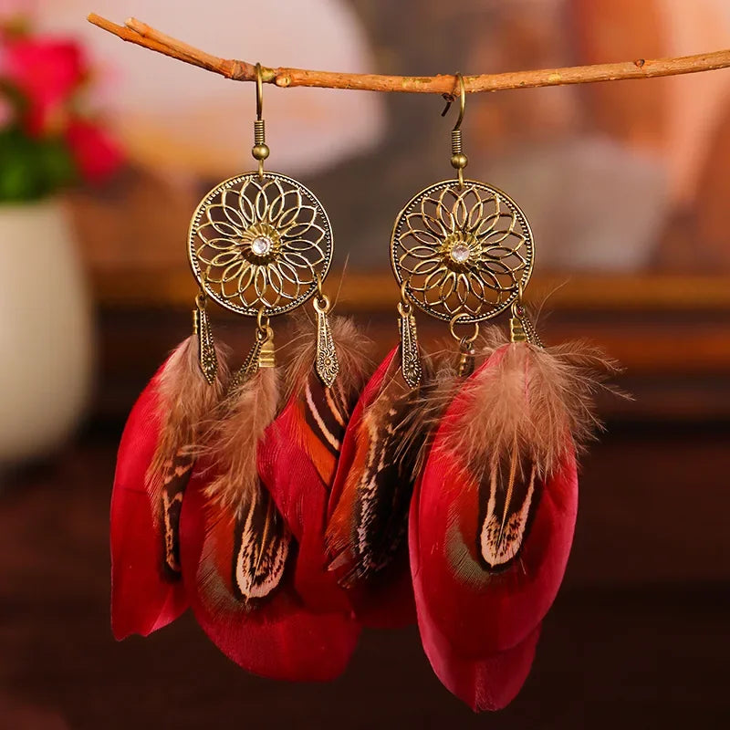 Bohemian Carved Leaf Feather Earrings - Vintage Tassel
