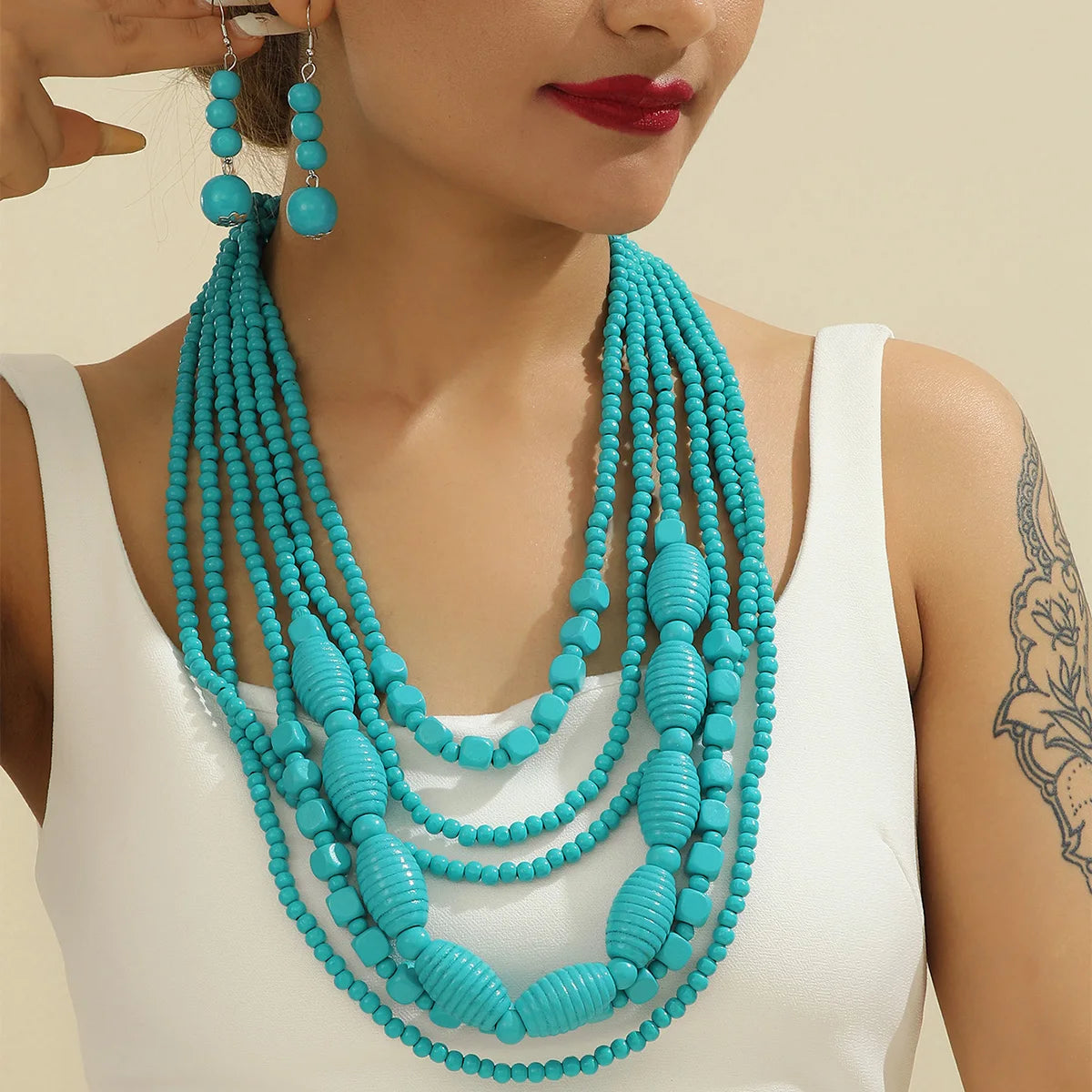 Colorful African Wooden Bead Jewelry Set - Multi-Layer Bohemian