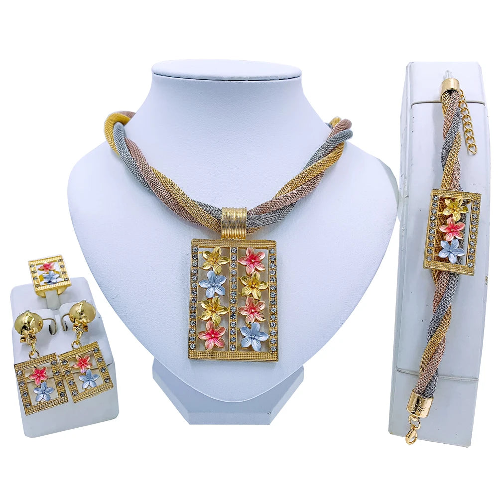 African Dubai Gold Jewelry Set - 4PC Wedding Bridal Flower