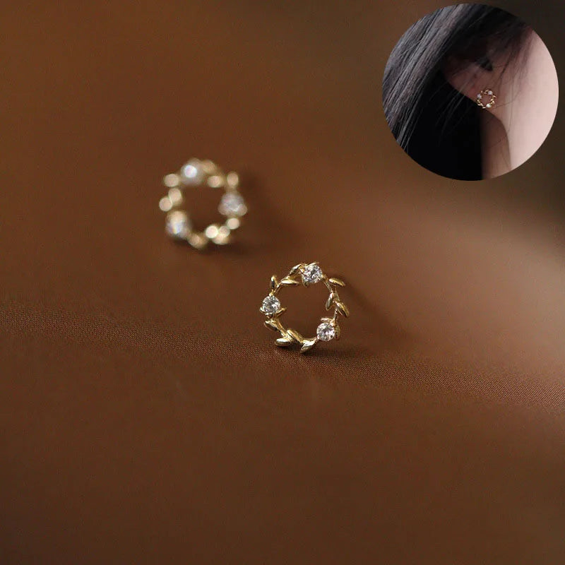 925 Silver Needle Shiny Zircon Stud Earrings - Gold Plating
