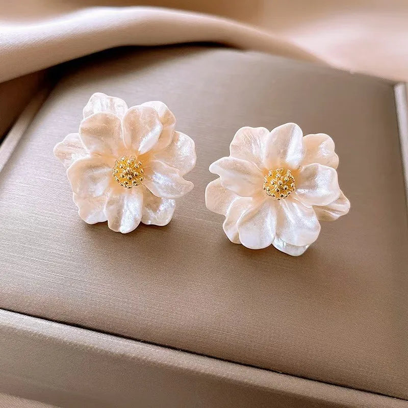 White Flower Stud Earrings - Double Layer Camellia Petals