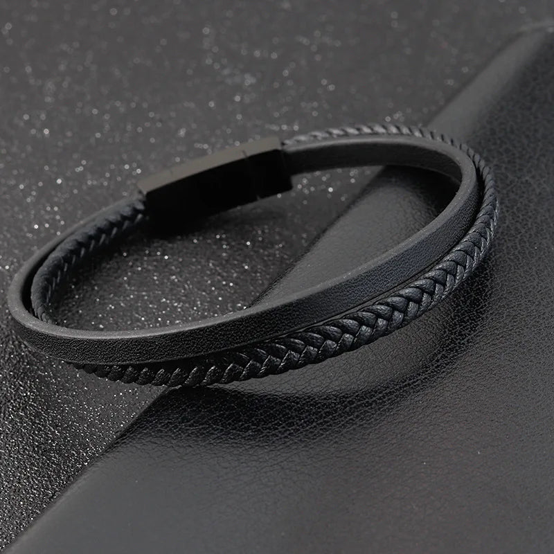 Simple Black Leather Bracelet - Double-Layer Braid Men's