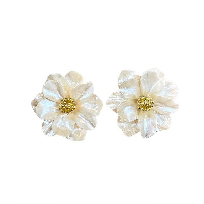 White Flower Stud Earrings - Double Layer Camellia Petals