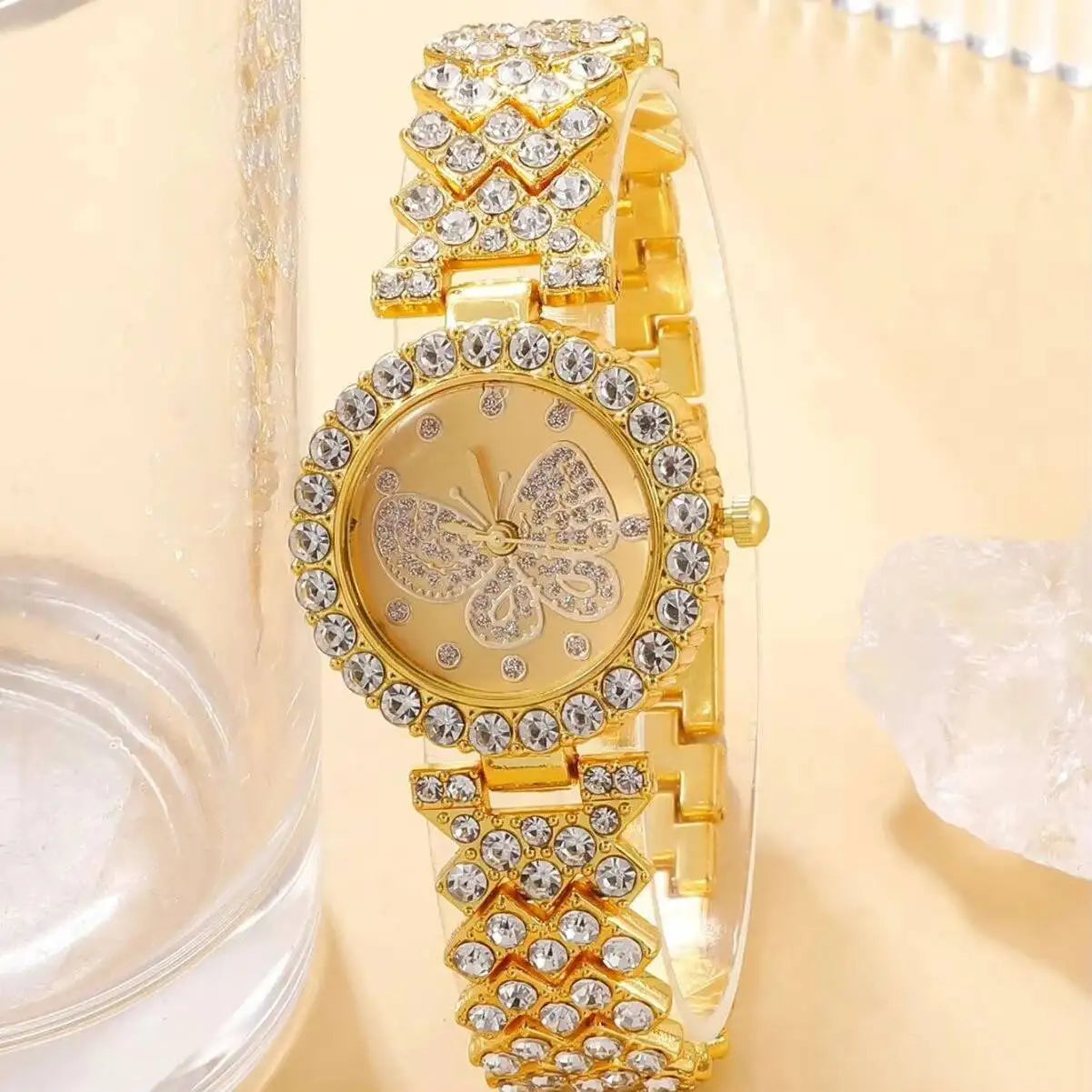 2PC Luxury Rhinestone Butterfly Watch Set - Ladies Quartz