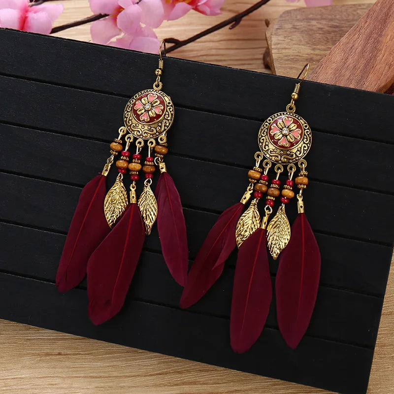 Bohemian Carved Leaf Feather Earrings - Vintage Tassel