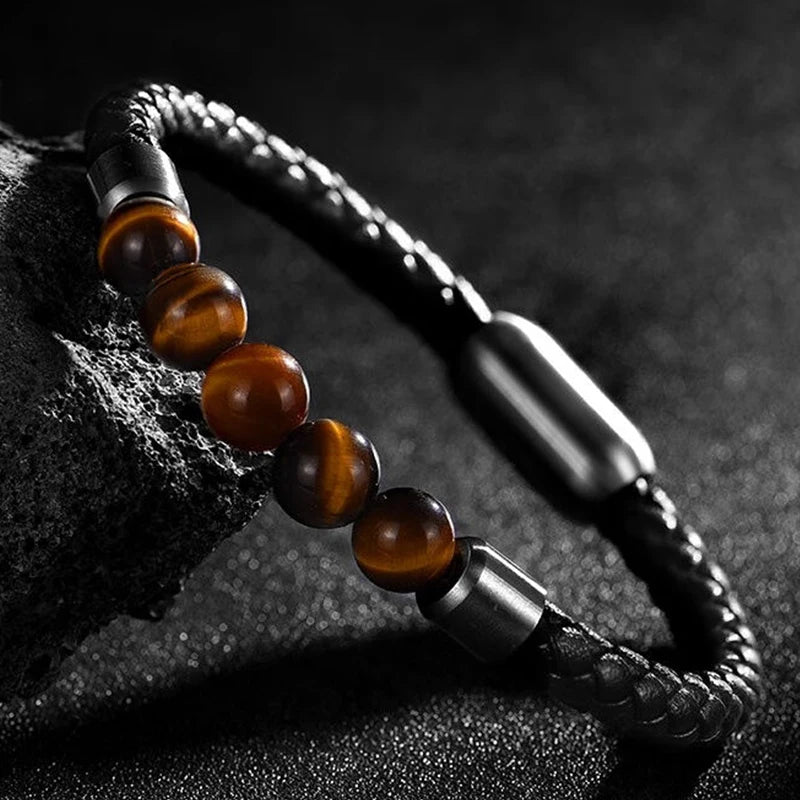 Leather Lava Chakra Bracelet - Black Tiger Eye Magnetic