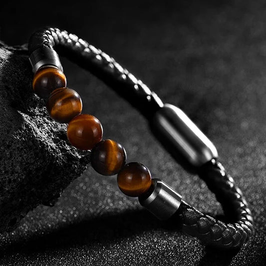 Leather Lava Chakra Bracelet - Black Tiger Eye Magnetic