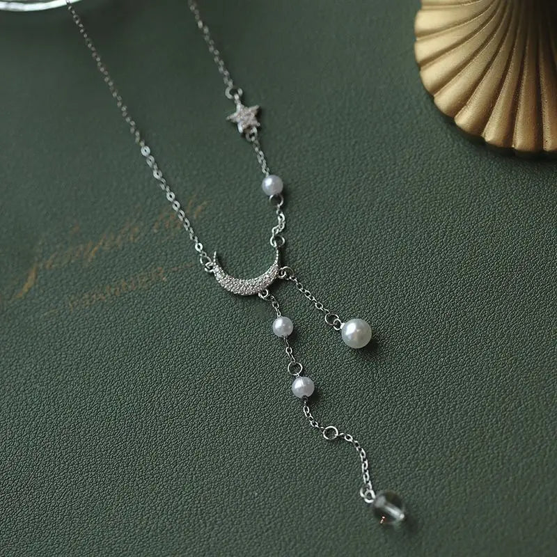 925 Silver Star Moon Pearl Necklace - Tassel Zircon Wedding