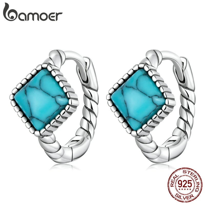 BAMOER 925 Silver Blue Turquoise Hoop Earrings - Square Twist
