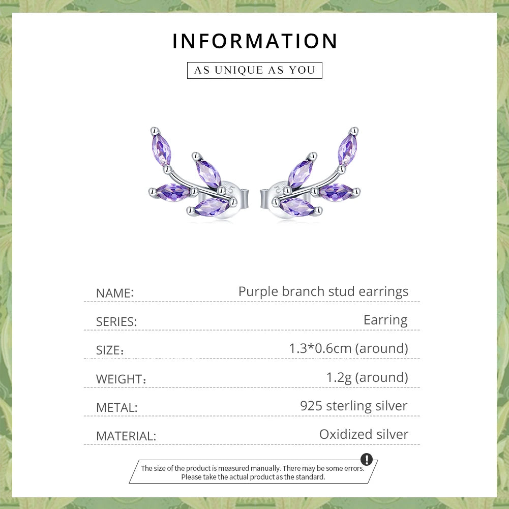 BAMOER 925 Silver Purple Branch Stud Earrings - Statement
