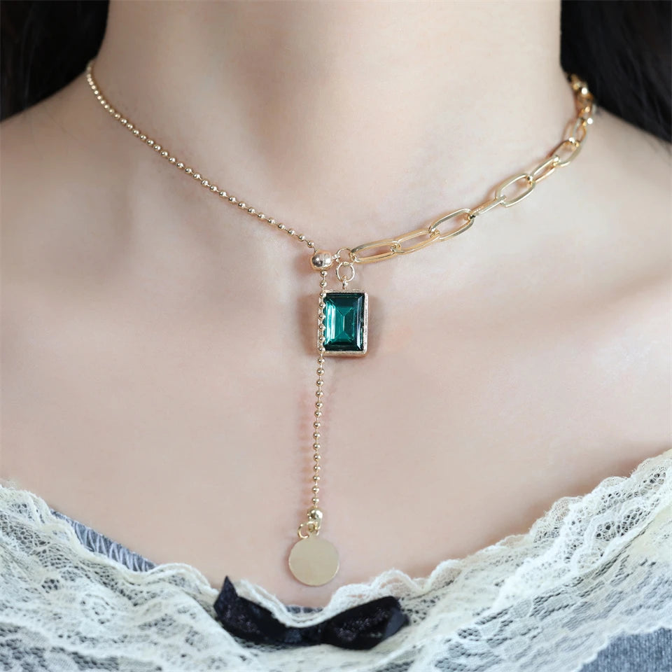 Yupsk Green Square Zircon Necklace - 316L Steel Vintage