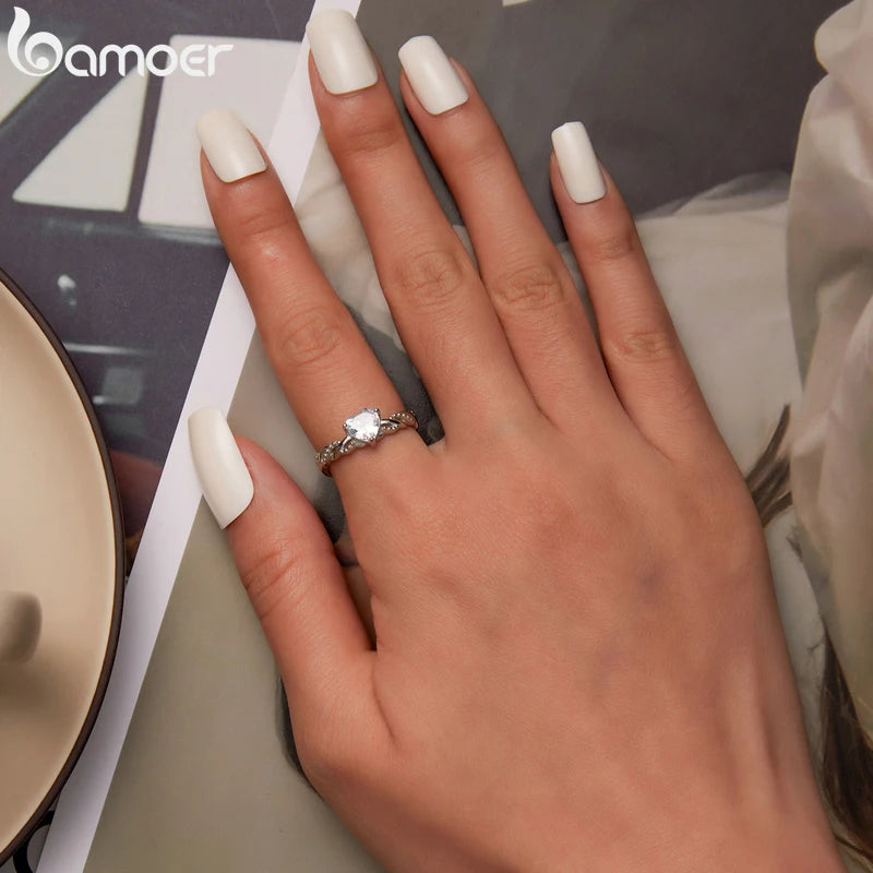 BAMOER 925 Silver Romantic Heart Ring - Shining Stone
