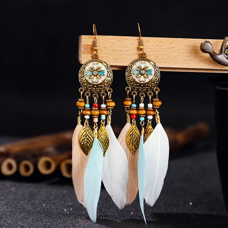 Bohemian Carved Leaf Feather Earrings - Vintage Tassel