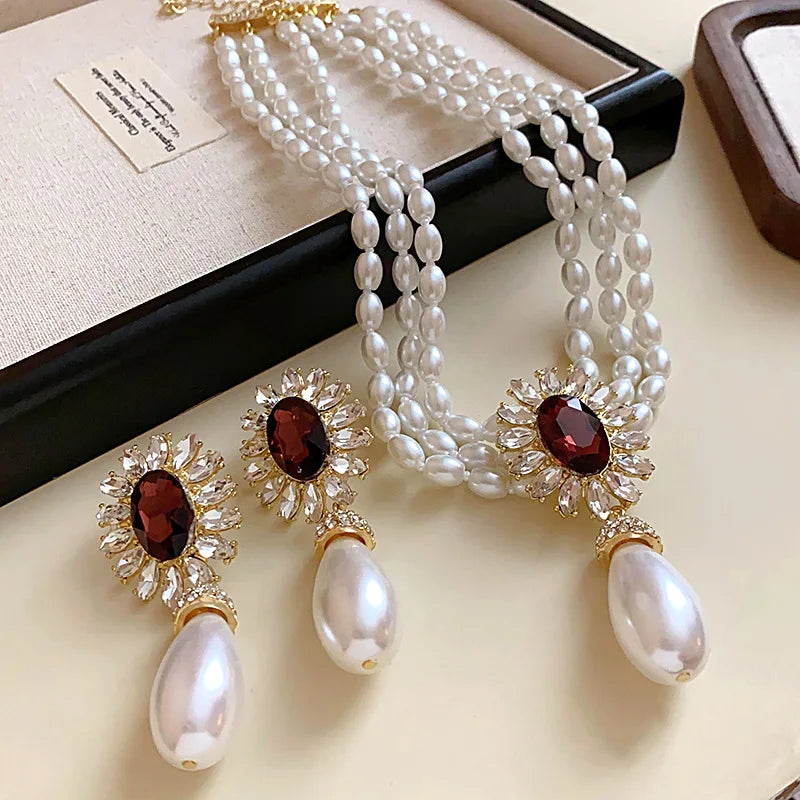 French Style Pearl & Rhinestone Jewelry Set - Flower Design
