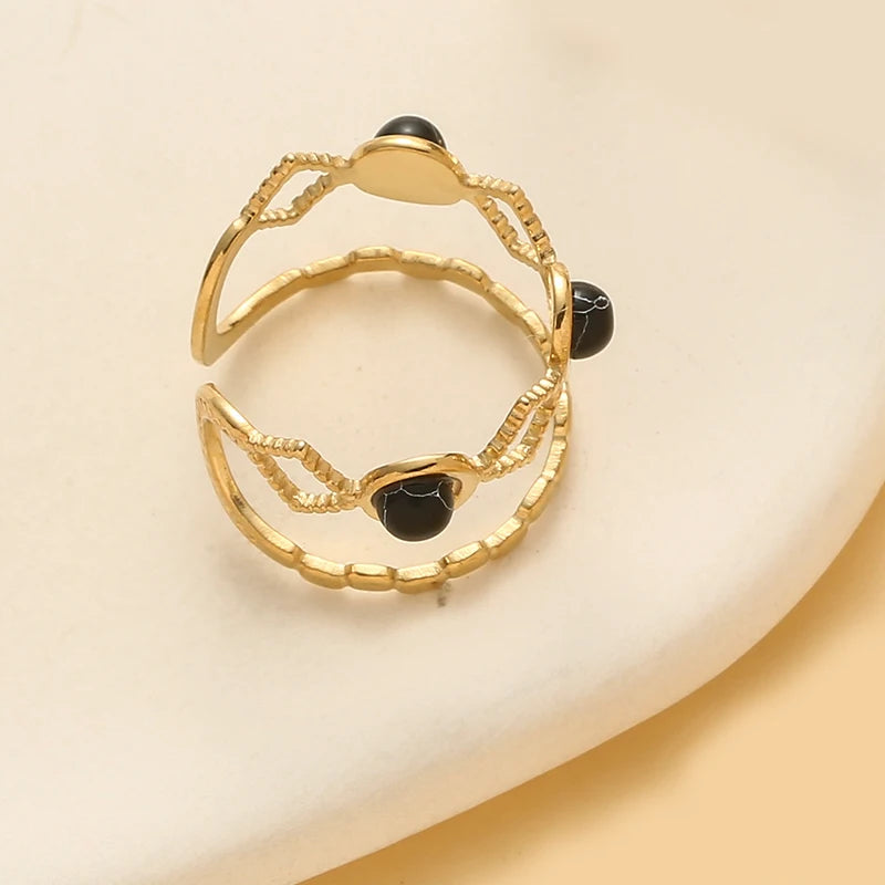 Hollow Out Natural Stone Ring - Stainless Steel Wide Band