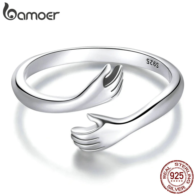 BAMOER 925 Silver Hug Ring - Adjustable Love Design