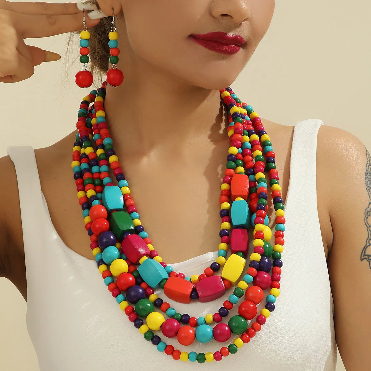 Colorful African Wooden Bead Jewelry Set - Multi-Layer Bohemian
