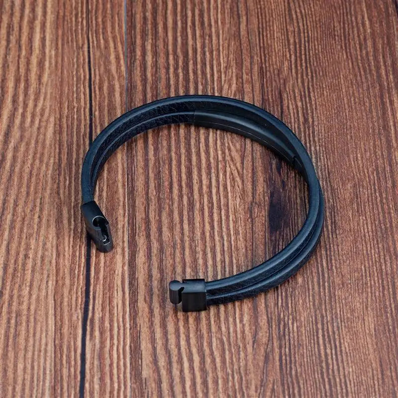 Simple Black Leather Bracelet - Double-Layer Braid Men's