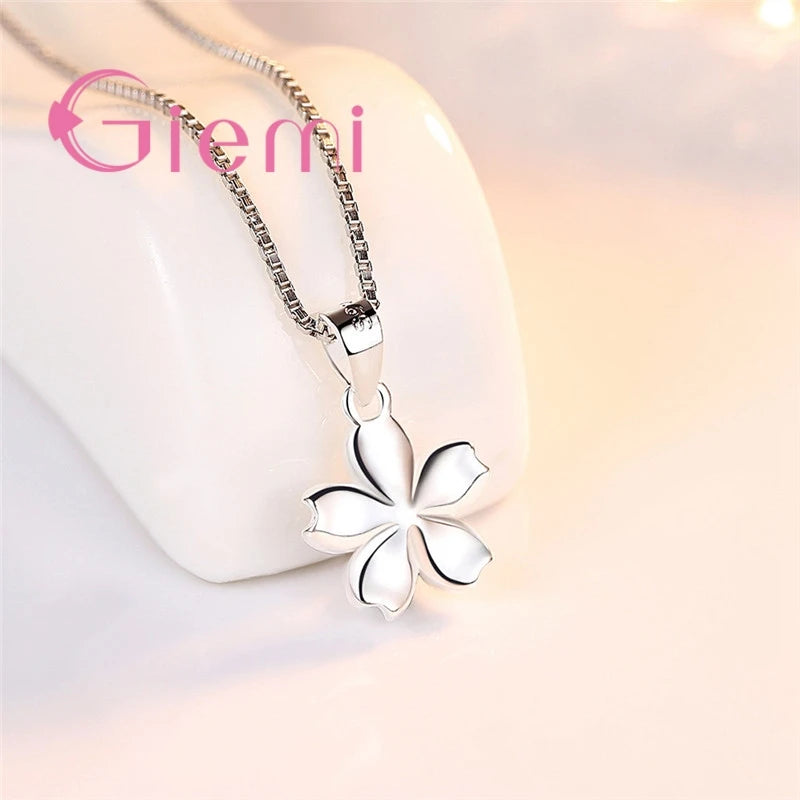 925 Silver Cherry Blossom Pendant Necklace - Pink CZ Five Petals