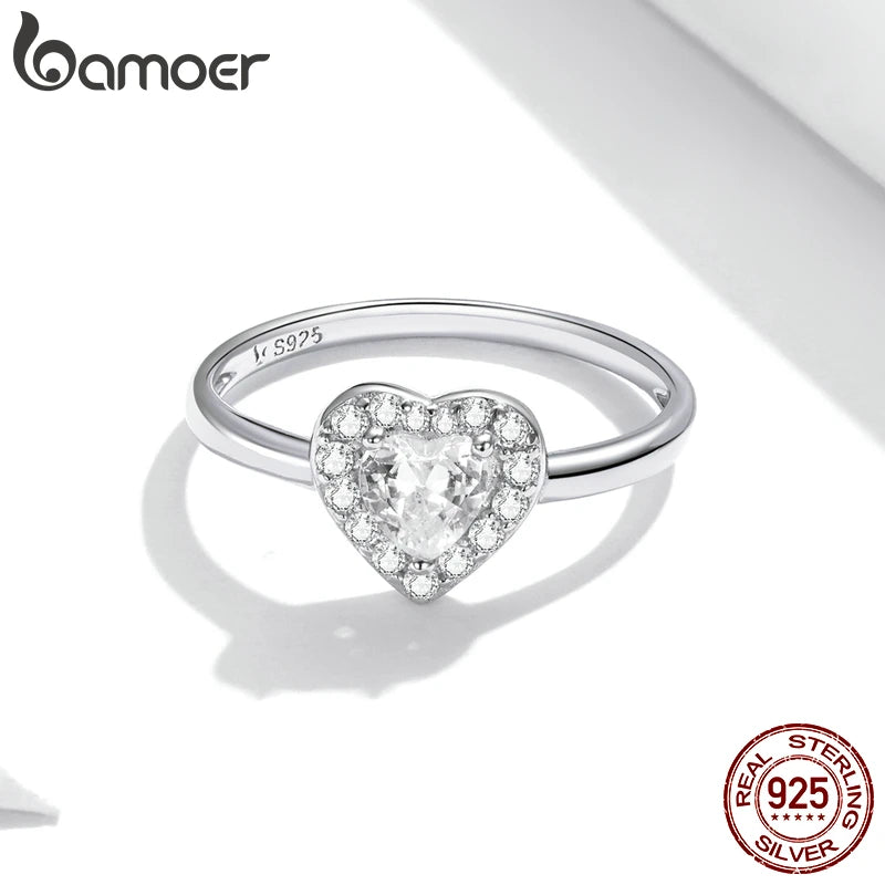 BAMOER 925 Silver Bright Love Ring - Dazzling Heart Crystal
