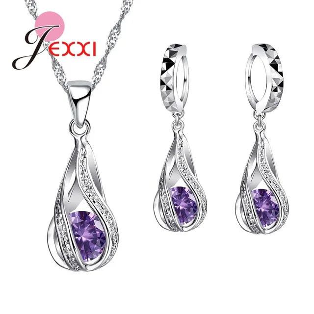 925 Sterling Silver CZ Jewelry Set - Water Drop Design